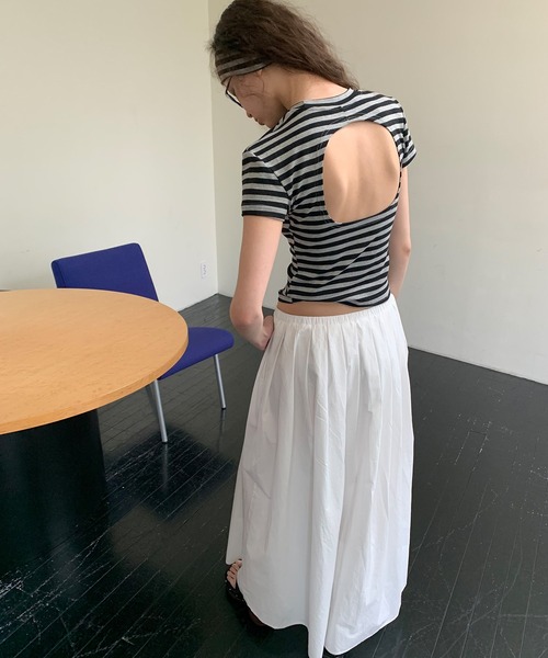 tシャツ 「LONSLAN」 ヘアバンド付き バックオープンボーダーTシャツ LONW25s042 レディース LONSLAN】 ヘアバンド付き バックオープンボーダーTシャツ