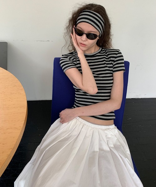 tシャツ 「LONSLAN」 ヘアバンド付き バックオープンボーダーTシャツ LONW25s042 レディース LONSLAN】 ヘアバンド付き バックオープンボーダーTシャツ