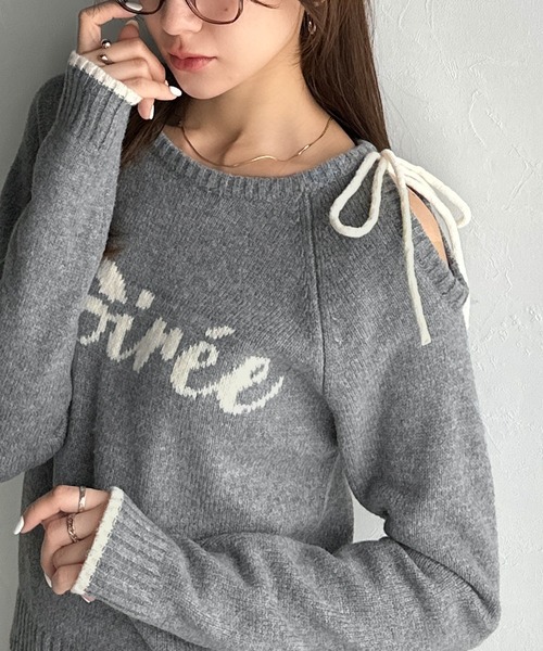 mily bilet(ミウィビレット)の「【mily bilet】大人ガーリースタイル♪ロゴ入りワンオフショルリボンニットプルオーバー(長袖)(ニット/セーター・レディース・ブラウン/アイボリー/グレー・LARGE/MEDIUM/SMALL/X-LARGE)」の8枚目の写真