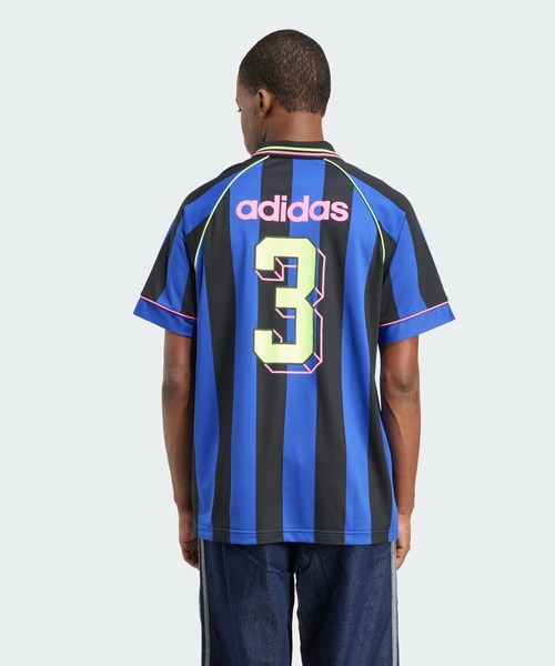 adidas サッカーシャツ 黒/青 ストライプ アディカラー クラシックス スリーストライプス Tシャツ ブルーバード