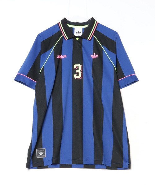 adidas サッカーシャツ 黒/青 ストライプ adidas（アディダス）の「ジャカード・ストライプ・ジャージー