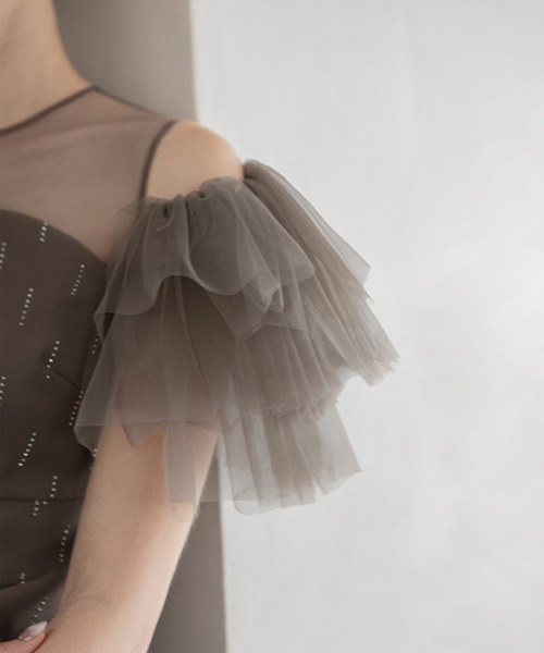 オープンショルダーチュールストーンIラインワンピースドレス結婚式パーティー成人式 LEJA】オープンショルダーチュールストーンIラインドレス