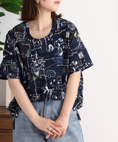 ブローディア BRODIAEA 袖レースフリル付きカットソー （ネイビー） ブローディア BRODIAEA 袖レースフリル付きカットソー