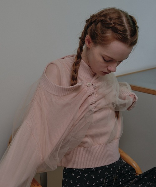 HONEY MI HONEY（ハニーミーハニー）の「over tulle knit cardigan（カーディガン/ボレロ・レディース・オフホワイト/サックスブルー/ブラック/ピンク・FREE）」の5枚目の写真