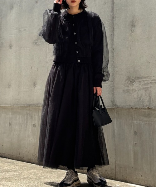 HONEY MI HONEY（ハニーミーハニー）の「over tulle knit cardigan（カーディガン/ボレロ・レディース・オフホワイト/サックスブルー/ブラック/ピンク・FREE）」の14枚目の写真