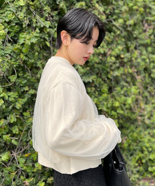 HONEY MI HONEY（ハニーミーハニー）の「over tulle knit cardigan（カーディガン/ボレロ・レディース・オフホワイト/サックスブルー/ブラック/ピンク・FREE）」の9枚目の写真