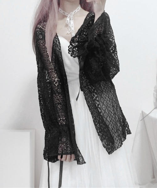 Miniministore(ミニミニストア)の「透かし編み レースカーディガン リボン袖(カーディガン/ボレロ・レディース・ブラック/ベージュ/ホワイト/ピンク・FREE)」の2枚目の写真
