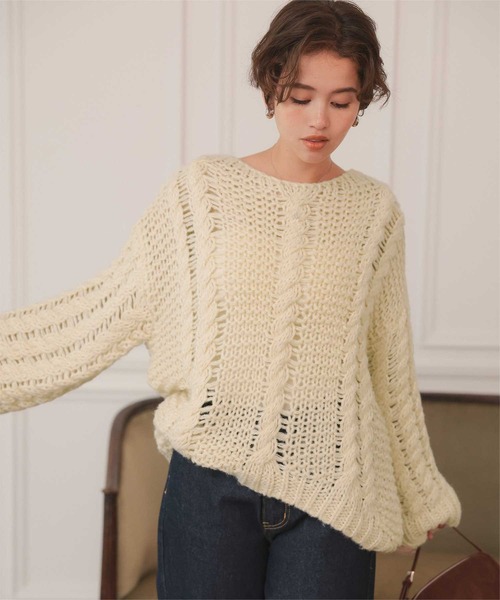 MACHATT ケーブルハンドニット（アイボリー） ハンドステッチ/オーバー