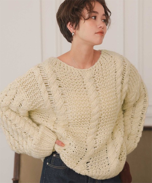 セール】ハンドライクボートネックケーブルニット（ニット/セーター