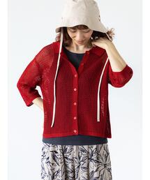 麻タッチ衿付きメッシュニットカーディガン