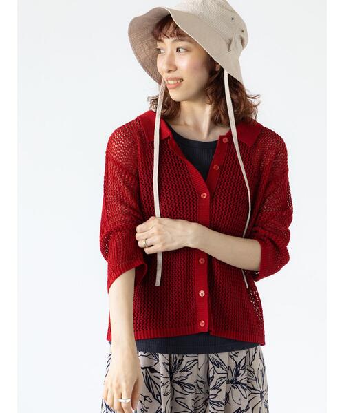Lugnoncure（ルノンキュール）の「麻タッチ衿付きメッシュニットカーディガン（カーディガン/ボレロ・レディース・レッド/キナリ/ブラック・F）」の6枚目の写真