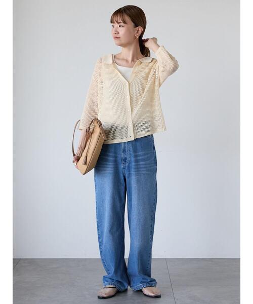 Lugnoncure（ルノンキュール）の「麻タッチ衿付きメッシュニットカーディガン（カーディガン/ボレロ・レディース・レッド/キナリ/ブラック・F）」の7枚目の写真