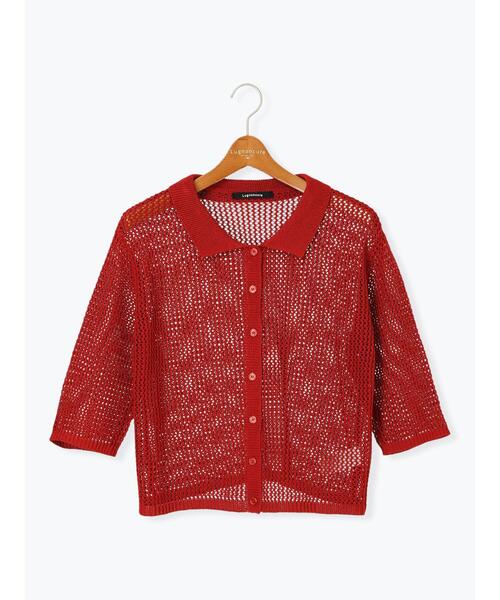 Lugnoncure（ルノンキュール）の「麻タッチ衿付きメッシュニットカーディガン（カーディガン/ボレロ・レディース・レッド/キナリ/ブラック・F）」の15枚目の写真