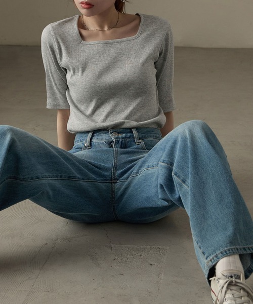 Fashion Letter(ファッションレター)の「【M-4L】リブスクエアネック 5分袖Tシャツ 夏服(Tシャツ/カットソー・レディース・杢グレー/ブラック/オフホワイト・M/4L/3L/LL/L)」の3枚目の写真