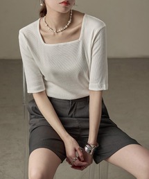 【M-4L】リブスクエアネック 5分袖Tシャツ 夏服