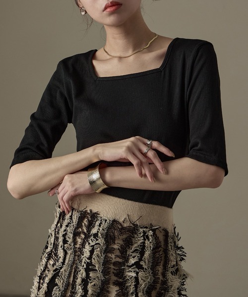 Fashion Letter(ファッションレター)の「【M-4L】リブスクエアネック 5分袖Tシャツ 夏服(Tシャツ/カットソー・レディース・杢グレー/ブラック/オフホワイト・M/4L/3L/LL/L)」の1枚目の写真