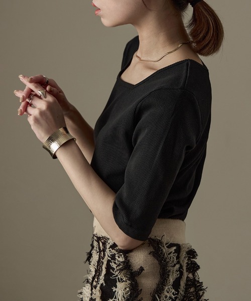 Fashion Letter(ファッションレター)の「【M-4L】リブスクエアネック 5分袖Tシャツ 夏服(Tシャツ/カットソー・レディース・杢グレー/ブラック/オフホワイト・M/4L/3L/LL/L)」の8枚目の写真
