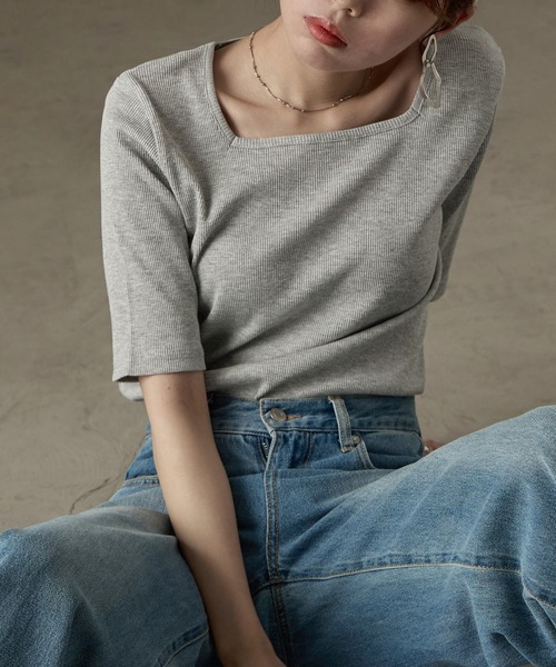 Fashion Letter(ファッションレター)の「【M-4L】リブスクエアネック 5分袖Tシャツ 夏服(Tシャツ/カットソー・レディース・杢グレー/ブラック/オフホワイト・M/4L/3L/LL/L)」の13枚目の写真