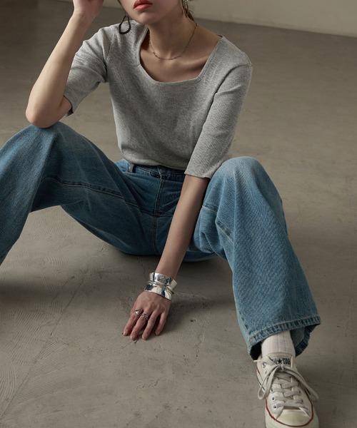 Fashion Letter(ファッションレター)の「【M-4L】リブスクエアネック 5分袖Tシャツ 夏服(Tシャツ/カットソー・レディース・杢グレー/ブラック/オフホワイト・M/4L/3L/LL/L)」の14枚目の写真
