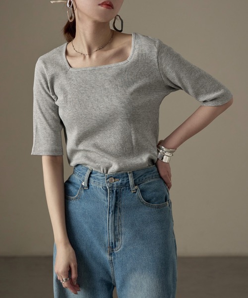 Fashion Letter(ファッションレター)の「【M-4L】リブスクエアネック 5分袖Tシャツ 夏服(Tシャツ/カットソー・レディース・杢グレー/ブラック/オフホワイト・M/4L/3L/LL/L)」の15枚目の写真