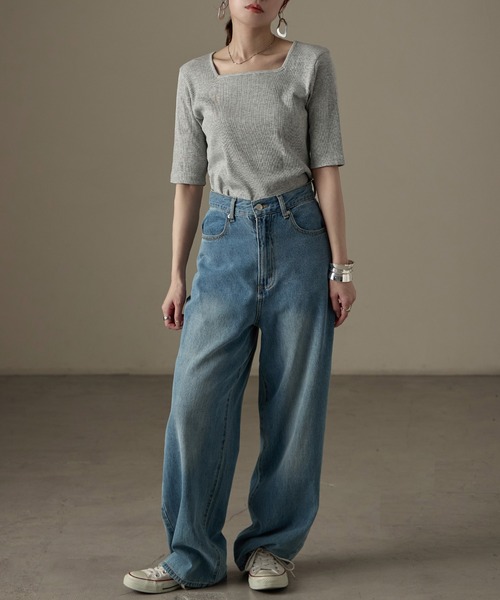 Fashion Letter(ファッションレター)の「【M-4L】リブスクエアネック 5分袖Tシャツ 夏服(Tシャツ/カットソー・レディース・杢グレー/ブラック/オフホワイト・M/4L/3L/LL/L)」の16枚目の写真