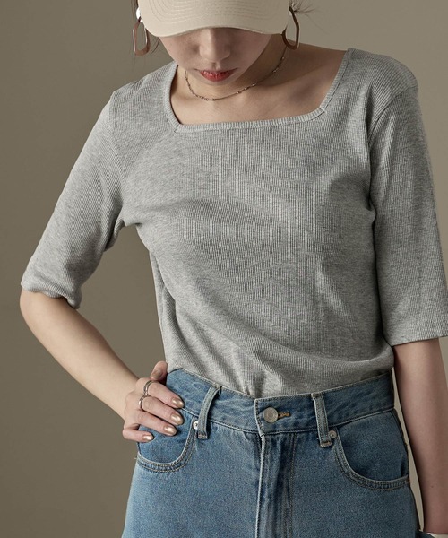 Fashion Letter(ファッションレター)の「【M-4L】リブスクエアネック 5分袖Tシャツ 夏服(Tシャツ/カットソー・レディース・杢グレー/ブラック/オフホワイト・M/4L/3L/LL/L)」の17枚目の写真