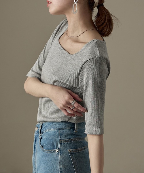 Fashion Letter(ファッションレター)の「【M-4L】リブスクエアネック 5分袖Tシャツ 夏服(Tシャツ/カットソー・レディース・杢グレー/ブラック/オフホワイト・M/4L/3L/LL/L)」の18枚目の写真