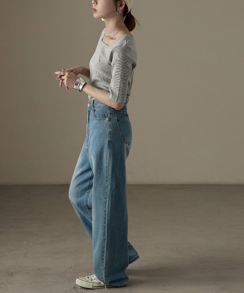 Fashion Letter(ファッションレター)の「【M-4L】リブスクエアネック 5分袖Tシャツ 夏服(Tシャツ/カットソー・レディース・杢グレー/ブラック/オフホワイト・M/4L/3L/LL/L)」の19枚目の写真