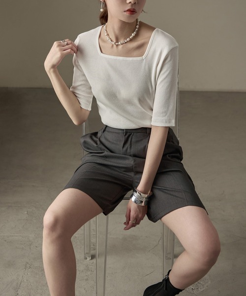 Fashion Letter(ファッションレター)の「【M-4L】リブスクエアネック 5分袖Tシャツ 夏服(Tシャツ/カットソー・レディース・杢グレー/ブラック/オフホワイト・M/4L/3L/LL/L)」の22枚目の写真