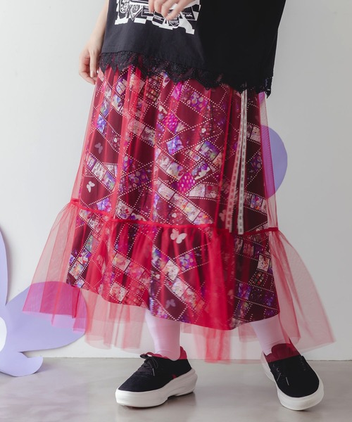152754：3柄展開チュール重ねスカート
