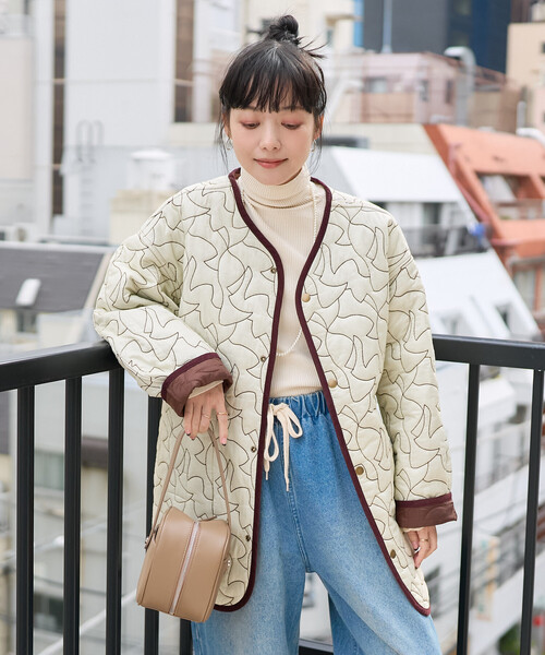 FREAK'S STORE（フリークスストア）の「変形ステッチ 裏配色 キルトジャケット/リバーシブルキルトジャケット（ミリタリージャケット・レディース・ブラック/ブラウン/ベージュ・ﾌﾘ-）」の22枚目の写真