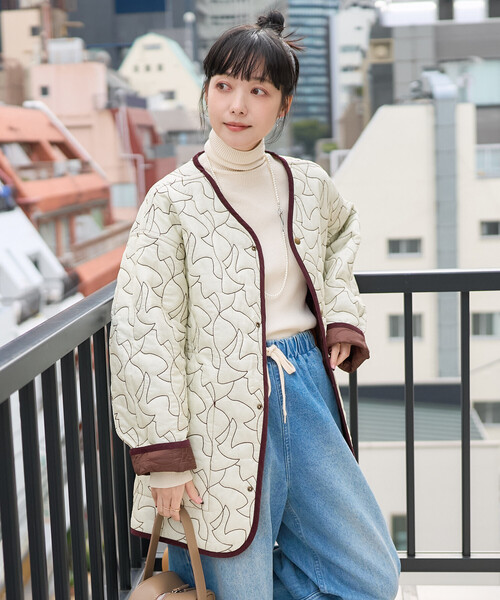 FREAK'S STORE(フリークスストア)の「変形ステッチ 裏配色 キルトジャケット/リバーシブルキルトジャケット(ミリタリージャケット・レディース・ブラック/ブラウン/ベージュ・フリ-)」の9枚目の写真