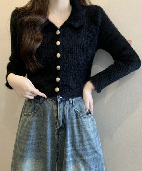 kirakiraShop(キラキラショップ)の「ゴールド ボタン ニット カーディガン(ニット/セーター・レディース・ホワイト/グリーン/ベージュ/チャコール/ブラック・FREE)」の3枚目の写真