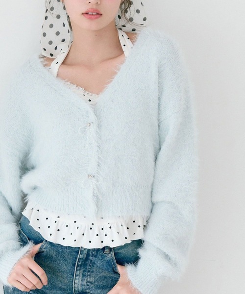 OLIVE des OLIVE（オリーブデオリーブ）の「melty ribbon short knit（カーディガン/ボレロ・レディース・サックスブルー/オフホワイト/チャコールグレー/ピンク・FREE）」の2枚目の写真