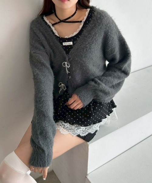 OLIVE des OLIVE（オリーブデオリーブ）の「melty ribbon short knit（カーディガン/ボレロ・レディース・サックスブルー/オフホワイト/チャコールグレー/ピンク・FREE）」の5枚目の写真