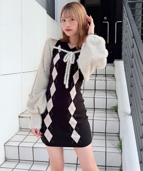 NOMAE シャギーボレロロングチェックワンピース アーガイルニット