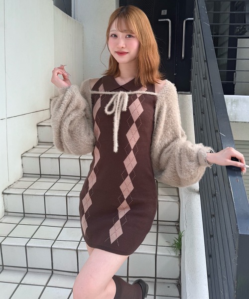 セール】アーガイルニットワンピース×ボレロセット（ワンピース