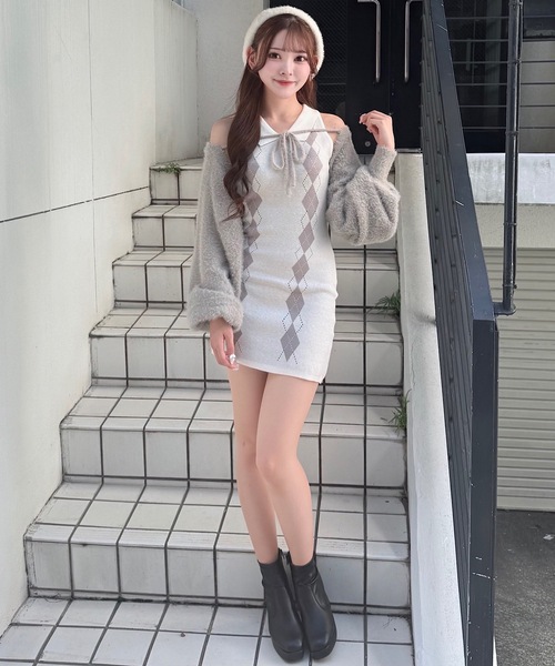 セール】アーガイルニットワンピース×ボレロセット（ワンピース
