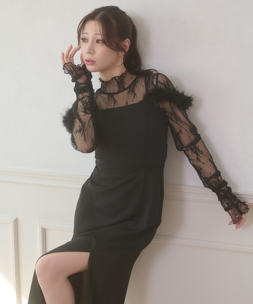 Ambre Neige(アンブルネージュ)の「fake far slit camisole dress / フェイクファーツキスリットキャミワンピース(ワンピース・レディース・チャコールグレー/ライトベージュ/ブラック・FREE)」の1枚目の写真