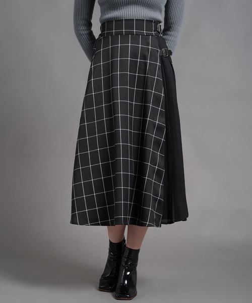 ウインドウチェック車ひだプリーツ切替ラップ風ロングスカート