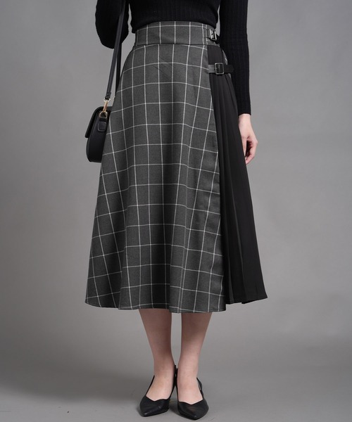 セール】ウインドウチェック車ひだプリーツ切替ラップ風ロングスカート