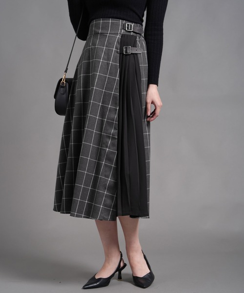 ウインドウチェック車ひだプリーツ切替ラップ風ロングスカート
