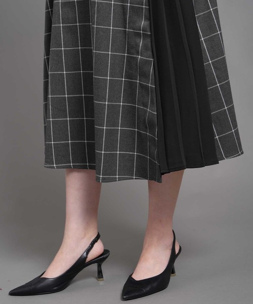 セール】ウインドウチェック車ひだプリーツ切替ラップ風ロングスカート