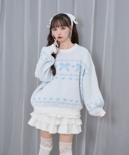 Honey Cinnamon(ハニーシナモン)の「リボンジャガードオーバーニット(ニット/セーター・レディース・サックスブルー/ピンク・FREE)」の6枚目の写真