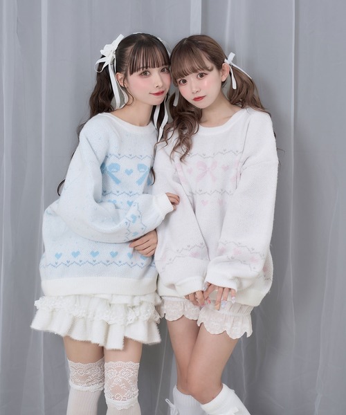 Honey Cinnamon(ハニーシナモン)の「リボンジャガードオーバーニット(ニット/セーター・レディース・サックスブルー/ピンク・FREE)」の7枚目の写真