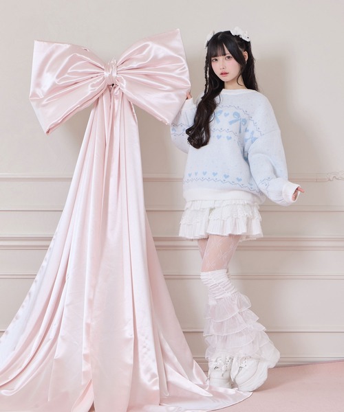 Honey Cinnamon(ハニーシナモン)の「リボンジャガードオーバーニット(ニット/セーター・レディース・サックスブルー/ピンク・FREE)」の4枚目の写真