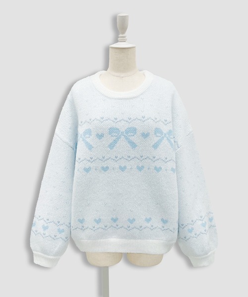 Honey Cinnamon(ハニーシナモン)の「リボンジャガードオーバーニット(ニット/セーター・レディース・サックスブルー/ピンク・FREE)」の8枚目の写真