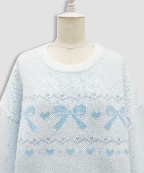 Honey Cinnamon(ハニーシナモン)の「リボンジャガードオーバーニット(ニット/セーター・レディース・サックスブルー/ピンク・FREE)」の9枚目の写真