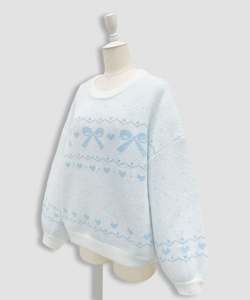 Honey Cinnamon(ハニーシナモン)の「リボンジャガードオーバーニット(ニット/セーター・レディース・サックスブルー/ピンク・FREE)」の10枚目の写真