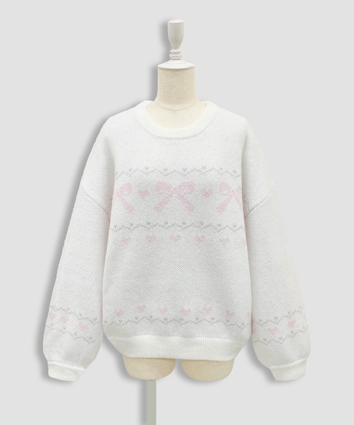 Honey Cinnamon(ハニーシナモン)の「リボンジャガードオーバーニット(ニット/セーター・レディース・サックスブルー/ピンク・FREE)」の14枚目の写真